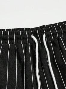 Men's Boho Paisley Print Drawstring Waist Summer Shorts With Pocket - Black Striped - View 5