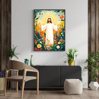 1pc Jesus With Floral Garden & Hearts Wall Art Picture Inspirational Religious Print Canvas Paintings Modern Bible Posters Christian Faith Decor For Home Or Church, Living Room Gift For Believers Framed Or Unframed