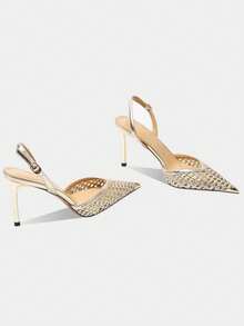 European & American Style Hollow Mesh High Heel Shoes, Breathable Metal Pointed Toe Ankle Strap Woven Stiletto Sandals For Women,Stilettos Heels - Gold - View 2