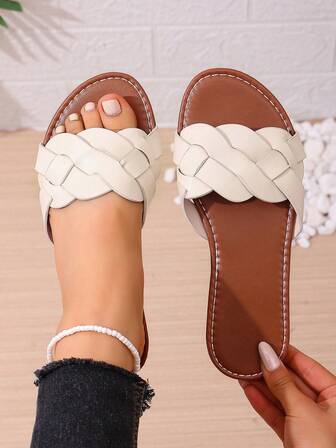 Women's Simple Woven Craft Woven Strap Decor Solid Color Open Toe Low-Top Slip-On Flat Sandals, Fresh And Elegant, Suitable For Women's Daily Outings In Summer, White & Brown Color, Leather Material, Woven Decor Flat Slides Geometric Pattern Casual Home Summer