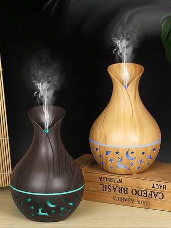 便携式香薰加湿器，镂空花瓶造型木纹加湿器，创意花瓶加湿器，便携式USB车载空调加湿器，迷你加湿器，水溶性香薰精油，适用于家居、卧室、汽车，有薄荷、香草、百合、茉莉、玫瑰、檀香、薰衣草、柠檬等多种香味可选。