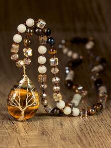 Mala Yoga 108顆珠精緻手工打結水晶墜飾 生命之樹天然石長項鍊 情人節禮物 - 彩色 - 查看 15