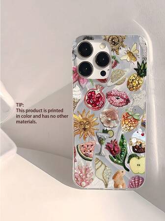 1 pieza [Impreso 2D] y Funda de teléfono personalizada de estilo de planeta de concha, labios rosas, diseño de elementos florales, a prueba de agua, a prueba de huellas dactilares, resistente a los arañazos, transparente, suave, brillante y lisa