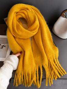 1pc Women's Mohair Scarf, Solid Color Versatile Winter Warm Extra Long Tassel Scarf, Faux Cashmere Shawl, Outdoor Ladies Shawl - Mustard Yellow - View 3