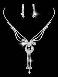 3pcs Fully Rhinestoned Luxury Bridal Jewelry Set - Necklace, Earrings, Suitable For Formal Events - Silver-white - View 10