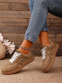 Women's Casual Criss-Cross Lace-Up Flat Athletic Sneakers, Classic German-Inspired Design - Brown - View 7