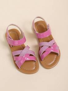 1 Pair Toddler Girls' Glitter Criss-Cross Open Toe Soft Bottom PU Fashion Cute Durable Hook And Loop Non-Slip Children Sandals, Suitable For 3-15 Years Old Boys And Girls, For Home, Party, School, Indoor, Outdoor, Beach, Spring/Summer 2025 New Arrival - Watermelon Pink - View 4