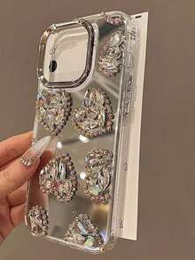 Mirror Silver Rhinestone Heart Shape Phone Case, Compatible With IPhone 17 Pro Max/17 Pro/17, 16 Pro Max/16 Pro/16, 15 Pro Max/15 Pro/15, 14 Pro Max/13 Pro/13/12/11 - Multicolor - View 5