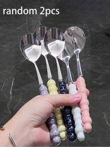 2/3 件彩色珍珠不锈钢勺子带塑料手柄，可爱甜点勺，小汤匙，长柄圆勺，适合家用