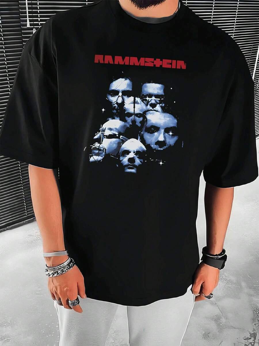 Rammstein Band Portrait Autumn T-Shirt, High Quality Fabric, Unique Graphic Print, Casual, Breathable - 黑色 - 查看 1