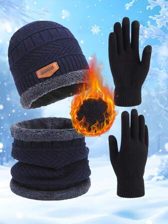 三件套。女士冬季针织帽。男女通用针织帽。帽子、围巾和手套套装，双层弹力保暖，冬季保暖，节日礼物，新年礼物，户外保暖袖套，内衬颜色可选。