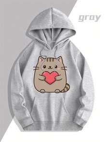 Sudaderas con capucha para parejas cómodas - Diseño lindo de gato y corazón, sudaderas ligeras de poliéster azul claro con bolsillos, ideales para uso casual y salidas de primavera/otoño, sudaderas con capucha para uso casual | Diseño juguetón de sudadera | Sudadera de poliéster - Prenda Única Gris para Mujer - Ver 2