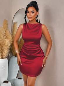 AIJ Amarilo Women's Off-Shoulder Ruffle Waist A-Line Solid Satin Mini Dress, Suitable For Date Night, Gathering And Christmas Party - Burgundy - View 6