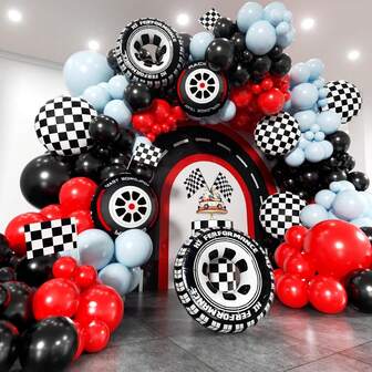 118 piezas Kit de arco de globos de carreras de autos - Globos de diferentes tamaños a cuadros en negro, rojo y azul. Kit de guirnalda de globos para decoración de fiesta de cumpleaños de niño, aniversario o tema de "Dos rápidos 2" con temática de carreras de autos