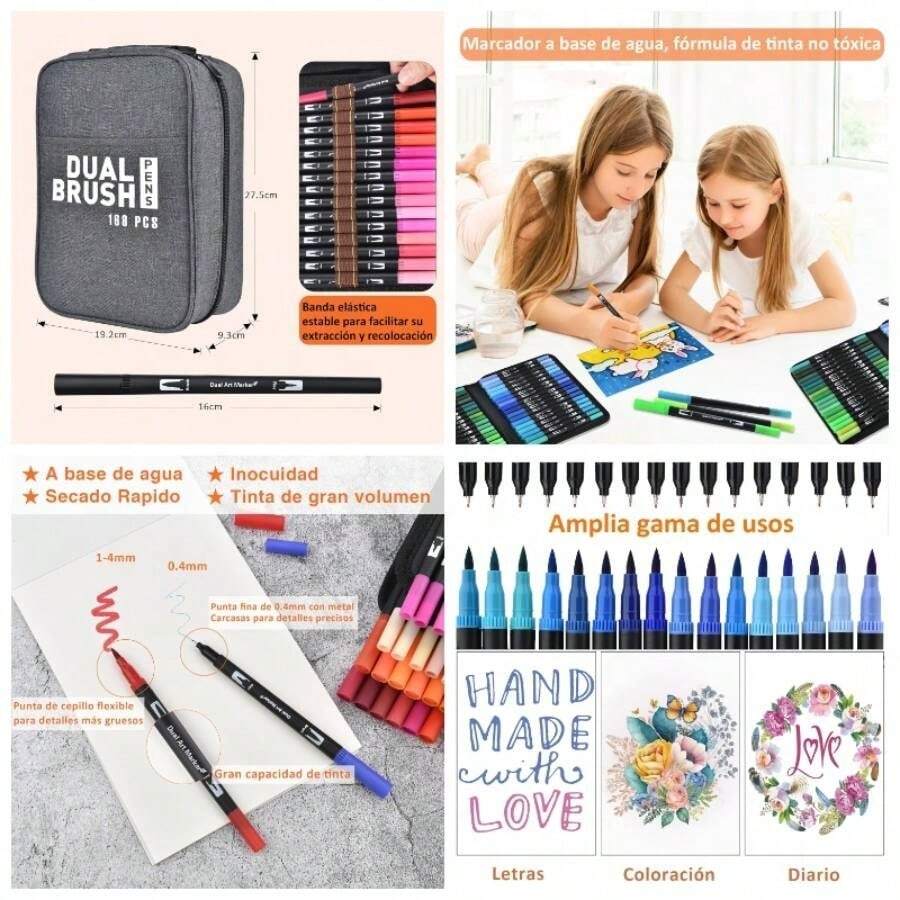 168 Colores Plumones Doble Punta Pencil, Marcadores a Base de Agua No Toxico Para Nios y Adultos, Cepillo de Nailon 1 - 2mm y Punta Fina 0.4mm, Colorear Rotuladores Lettering Dibujar Caligrafa - 168 Colores - Ver 1