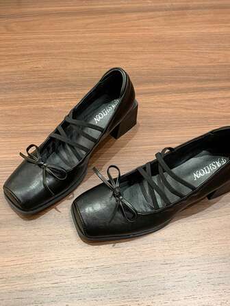 Zapatos de mujer de punta cuadrada con slip-on, tacón grueso cómodo y no fatigante, zapatos de ballet con cordones cruzados, elegantes zapatos Mary Jane de estilo retro con moño