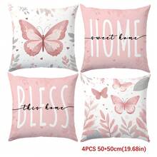 4pcs Simple Daily Pink Butterfly "Sweet Home" Cushion Covers, Single-Sided Printed Soft Peach Velvet Material, 45*45/50*50/40*40CM Pillow Covers Suitable For Indoor Decor, Party Decor, Decorative Pillow Gift - Multicolor - View 13
