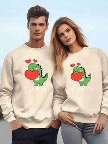 1pc Valentine'S Day Gift, Minimalist Style, Hoodless, Gift Giving, Daily Wear, Hoodie, Pullover, Long Sleeved, Spring/Summer, Printed With Cute Type, Animal, Little Dragon, Loving Heart - Men's Apricot-1pc - View 6