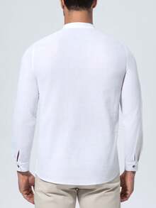 男士休闲亨利领长袖衬衫，立领，夏季沙滩嬉皮风纽扣T恤 - 白色 - 查看 2