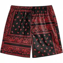 Men's Boho Paisley Print Drawstring Waist Summer Shorts With Pocket - Hot Red - View 10