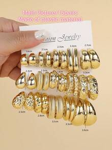 5 对-15 对/套全新不对称造型 ABS 亚克力金色 CCB 轻质耳环套装，适合女性日常穿搭 - 金黃色 - 查看 11