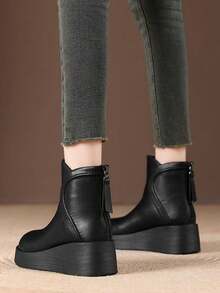 British Style Boots For Girls, New Autumn/Winter Waterproof Platform Square Toe Chunky Heel Ankle Boots, Retro Chelsea Short Boots - Black - View 3