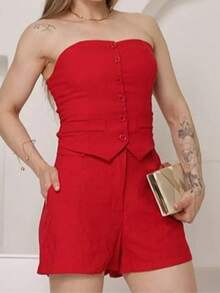 Women's Tailored Set: Dress Shorts And Strapless Top - Red - View 2