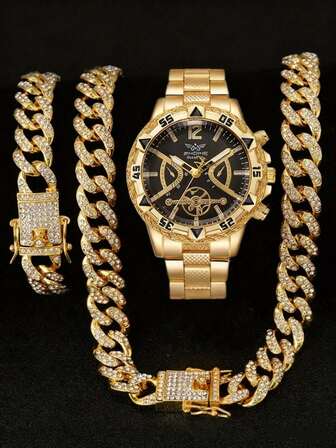 3 delar/set, herrklocka, guldfärgad minimalistisk affärsklocka med stålband och kvarts, armband, halsband, smyckeset, lämplig för vardagsbruk eller som present till vänner