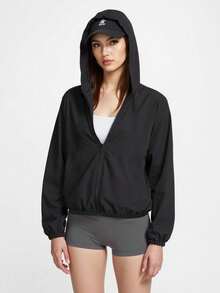 Women's Outdoor Hooded Jacket, Full Zip Loose Fit Sports Coat, Suitable For Workout, Running, Travel, Hiking, Camping, Cycling, Gym - Black - View 7