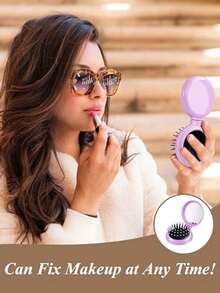 1pc Portable Folding Comb With Mirror - Soft Bristle Mini Massage Brush, Air Cushion Comb, All-In-One Massage Comb With Mirror, Foldable Pocket Comb, Cute Cartoon Design, Pink, Travel Hairbrush, Styling Hair Tools, Girls Christmas Gift (Pink), Back To School, Travel Holiday Essentials, Women's Hair Accessories - Multicolor - View 3
