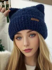 1pc Women's Hat With Leather Label Letter & Small Ears, Knitted Beanie, White, Versatile, Warm & Cozy For Daily Wear In Winter - White - View 9