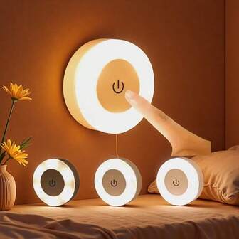 1pc LED Touch Sensor Night Light, 3 Modes USB Rechargeable Magnetic Base Wall Lights, Round Portable Dimming Night Lamp For Room Decor, Indoor Use, No Electronic Components, ≤36V Operating Voltage, Lithium Polymer Battery, USB Charging, No Motherboard, No Battery Required, USB Lamps
