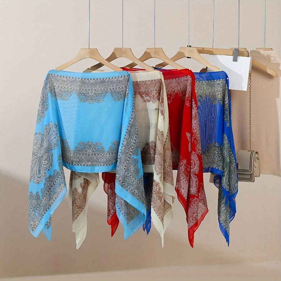 1pc Spring/ Summer New Women's Lightweight Chiffon Vintage Botanical Printed Loose Shawl Scarf, Cover, Clothing, Suitable Travel And Daily Use Accessories Women - 玫紅色 - 查看 1