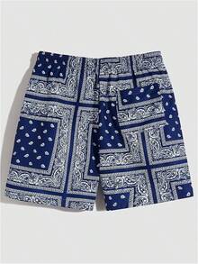 Men's Boho Paisley Print Drawstring Waist Summer Shorts With Pocket - Deep Blue Paisley - View 9