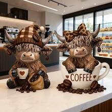 2026-NEW[ Latest Style]Hand-Painted Scottish Highland Cow Statue - Resin Ornament With Plaid Hat & Coffee Mug, Sitting Cow With Coffee Beans, Vintage Scottish Theme Decor For Home, Office, Or Gifts (Christmas, Halloween, Easter) - Cow Lover Gift - B - 查看 7