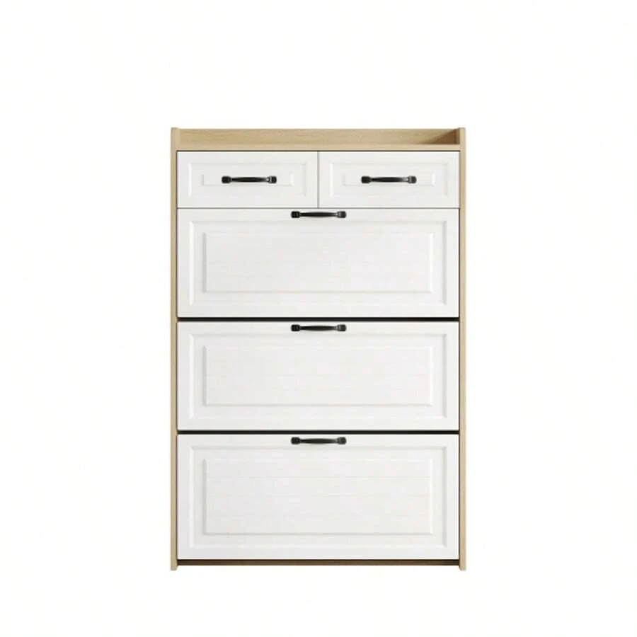 Shoe Cabinet With Rotating Shoe Rack, Consisting Of Three Large Doors And Two Drawers, Wooden Shoe Cabinet, Shoe Rack, Suitable For Entrance Areas And Living Rooms, W80/D23.5/H131cm (N657P28633233N) - Natural Color - View 1