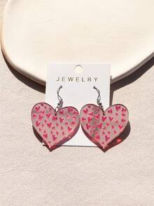 1 Pair Women's Valentine's Day Pink Small Heart Print Mirror Heart Shaped Acrylic Earrings, Sexy & Cute, Creates Gentle Ambiance - Multicolor - View 1