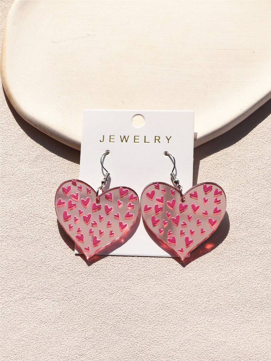 1 Pair Women's Valentine's Day Pink Small Heart Print Mirror Heart Shaped Acrylic Earrings, Sexy & Cute, Creates Gentle Ambiance - Multicolor - View 1