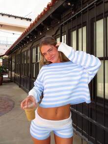 Women's Fold Over Waist Knitted Shorts Y2k Low Waist Striped Print Color Block Slim Fit Hot Pants Party Clubwear Going Out Sweater Shorts Loungewear Bottoms Stretchy Yoga Shorts Summer Casual Active Jogger Sweatshorts - 藍色 - 查看 3