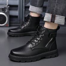 Men's High Top Combat Ankle Boots, Side Zipper Lace Up Faux Leather Casual Work Boots, Non-Slip Wear-Resistant Thick Sole Outdoor Hiking Boots For Men Fall Winter Daily Wear - 黑色 - 查看 8