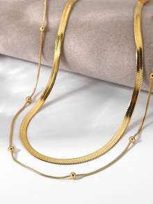 2pcs/Set Double Layer Gold Snake Bone Stainless Steel Necklace For Women - Yellow Gold - View 5