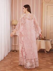 French Plus Size Retro Lace Trim Round Neck Beaded Embellished Dress With Adjustable Strap Slip Dress, Romantic 2 Pieces Set Pink Spring - Pink - View 2