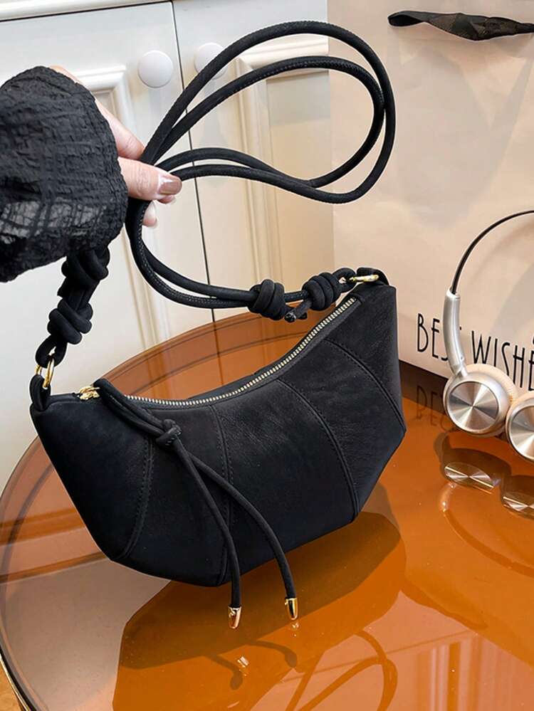 Tas Selempang Suede Kecil Gaya Luar Negeri dengan Hiasan Tanduk Mewah, Tas Pangsit Modis Terbaru, Tas Bahu Serbaguna - Hitam - View 2