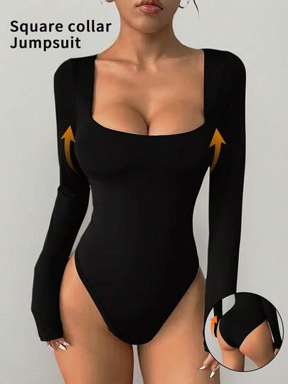 imisic A Sexy Long Sleeve Square Neck Jumpsuit For Spring/Summer, With Deep Square Neck Design, Basic Tight-Fitting Piece Essential For Indoor & Outdoor Wear, Excellent Shaping Effect. This Tight-Fitting Deep V Square Neck Long Sleeve Jumpsuit Is Suitable For Sports, Home Wear And Daily Activities.