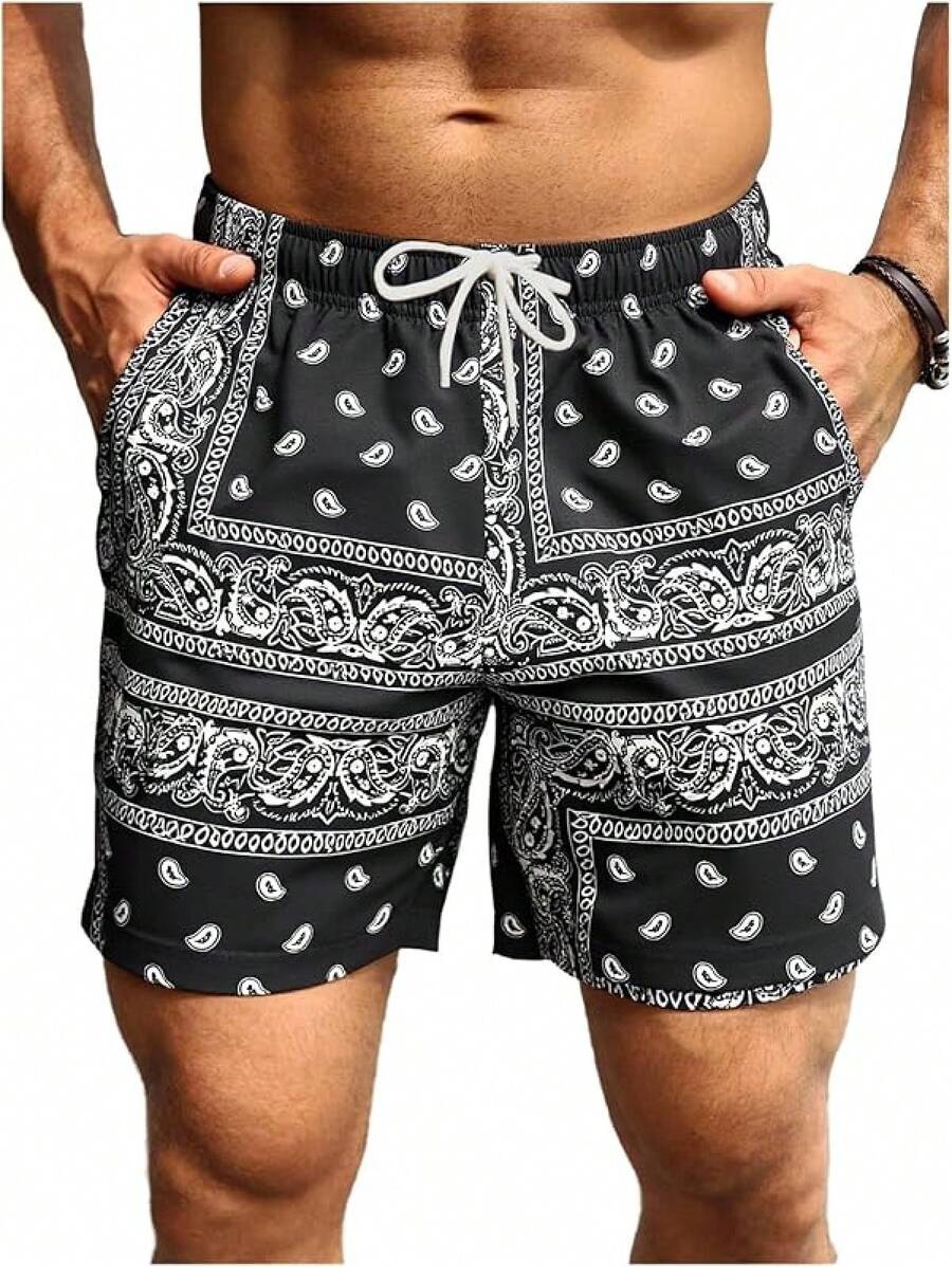 Men's Boho Paisley Print Drawstring Waist Summer Shorts With Pocket - Black Ink White - View 1