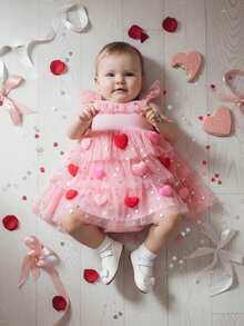 Toddler Girls Valentine's Day Layered Tulle Dress Flutter Sleeves Square Neck Heart Appliques Star Print A Line Dress - Hồng - Xem 2
