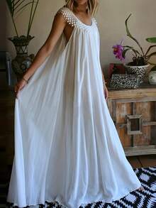 Plus Size Summer Chiffon Elegant Lace Trim Dress White - White - View 6