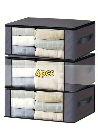 新款可折叠PVC框架收纳袋，透明洗漱包和整理袋，灰色，简约设计，拉链封口，适合日常旅行和搬家 - 便携易折叠，可放置于床下收纳