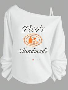 Black Off - The - Shoulder Sweatshirt With Tito's Handmade Vodka Logo & Text, Orange Circular Bottle & Cask Logo, AUSTIN TEXAS Red Star Design - Casual Fashionable Crew Neck Top For  Wear- Plus Size Asymmetric Neck Long Sleeve Sweatshirt - Women's Fall Top - Women's Winter Outfits: Elegant Conjunto De Mujeres + Flowy Top, Blusas & Top Negro - trắng - Xem 1
