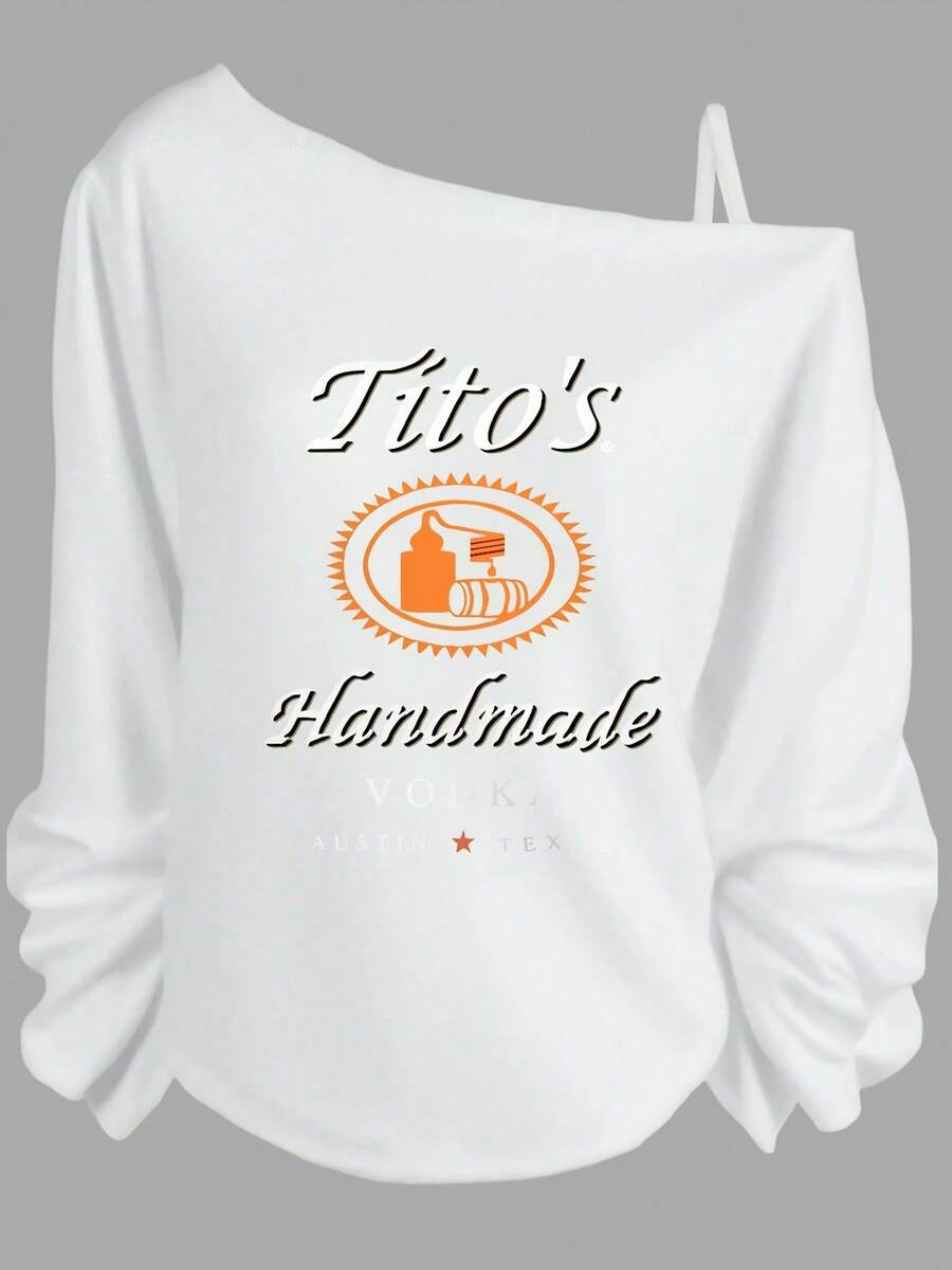 Black Off - The - Shoulder Sweatshirt With Tito's Handmade Vodka Logo & Text, Orange Circular Bottle & Cask Logo, AUSTIN TEXAS Red Star Design - Casual Fashionable Crew Neck Top For Wear- Plus Size Asymmetric Neck Long Sleeve Sweatshirt - Women's Fall Top - Women's Winter Outfits: Elegant Conjunto De Mujeres + Flowy Top, Blusas & Top Negro - trắng - Xem 1